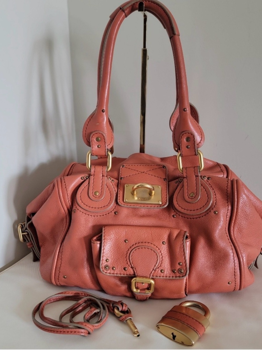 RARE Authentic Chloe Paddington coral Satchel bag with padlock